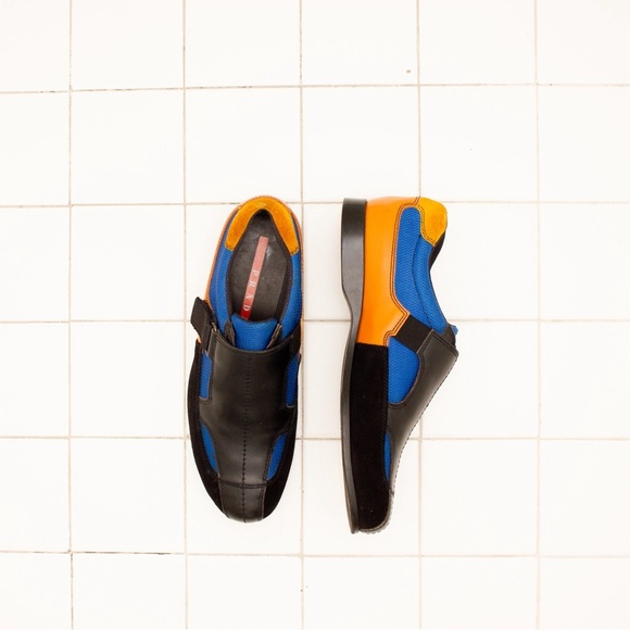 $899 Prada sneakers Mens SZ8.5 Orange Blue Black Leather Suede Mesh Single Monk - Picture 1 of 13